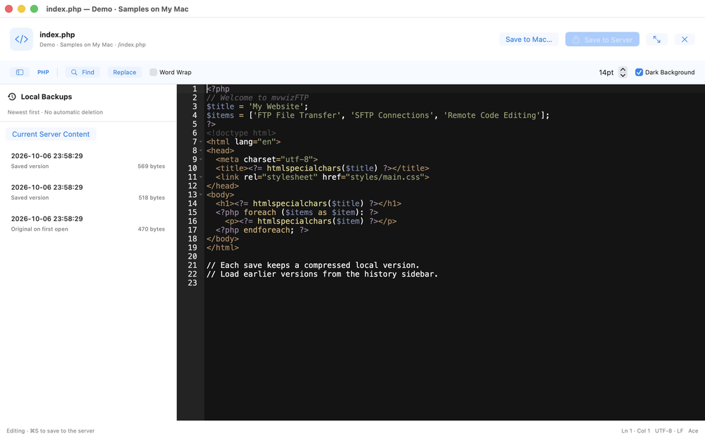 English interface — Twilight code editor and local version history